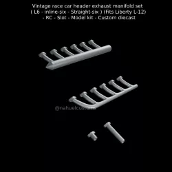 Vintage race car header exhaust manifold set ( L6 - inline-six - Straight-six ) (Fits Liberty L-12) - RC - Slot - Model kit - Custom diecast