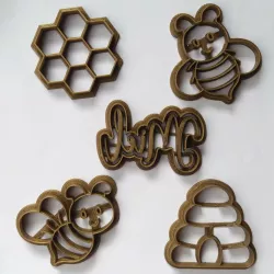 Set 5 cookie cutters bees, honey, honeycomb, beehive.