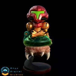 Chibi Samus Riding a Metroid Larva