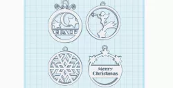 Christmas ornaments, hanging holiday decorations with stars,  angel messager, snowflake, grace text and Merry Christmas, PACK of 4 pcs