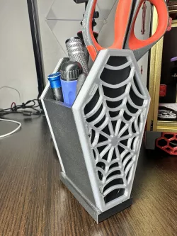 DRACULA VAMPIRE CASKET/COFFIN SPIDER WEB AND CROSS PEN CUP OR MAKEUP BRUSH HOLDER