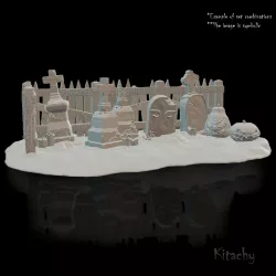 Set of miniatures for Halloween dioramas and decorations (pumpkins, gravestones, candles, old bench, fence and lamp), terrain