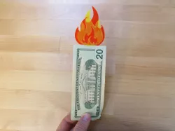 Flaming Money Prop, Bitcoin Burning Fiat Dollar Bill on Fire Costume Cigar