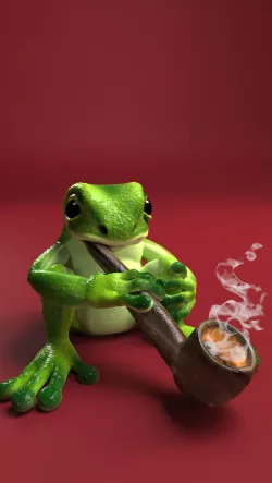 Toad sitting and smoking wooden pipe