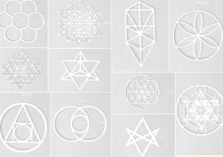 11 Sacred Geometry Symbols: Tetrahedron, Egg of Life, Seed of Life, Tree of Life, Hexafoil, Hexagram, Merkaba, Metatron's Cube, Vesica Pisces, Sri yantra, and Philosopher's Stone