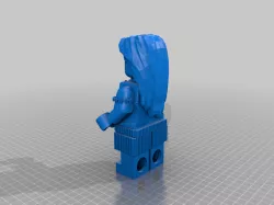 Giant Lego girl head with long hair included in print.