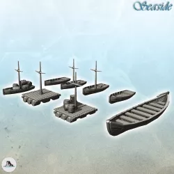 Set of medieval wooden boats with rowing boats and rafts (4) - Pirate Jungle Island Beach Piracy Caribbean Medieval Skull Renaissance