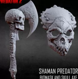 3D PRINTABLE SHAMAN PREDATOR BIOMASK AND SKULL AXE PREDATOR 2