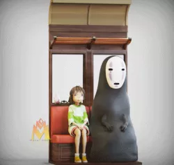 Chihiro Ogino & No-Face Train Scene Fanart-Spirited Away-ハク-studio Ghibli-FANART FIGURINE