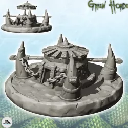 Round orc building with wooden roof and four horns (5) - Ork Green Horde Fantasy Beast Chaos Demon Ogre