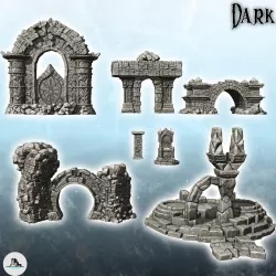 Set of stone decorations for dungeon with bridge, throne, totem and arch (15) - Medieval Gothic Feudal Old Archaic Saga 28mm 15mm