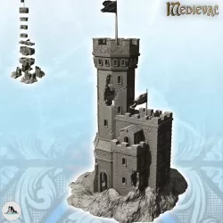 Stone castle with damaged keep and double flags (16) - Medieval Gothic Feudal Old Archaic Saga 28mm 15mm