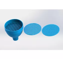 Strainer funnel for filtering, with three interchangeable filters of different sizes.