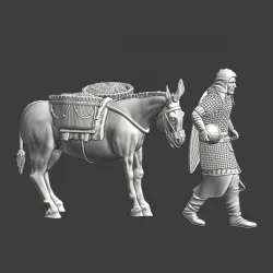 Medieval crusader walking with grain-donkey