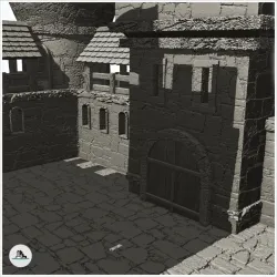 Large damaged castle with double towers and keep with flag (18) - Medieval Gothic Feudal Old Archaic Saga 28mm 15mm