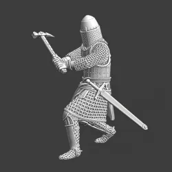 Medieval knight swinging warhammer