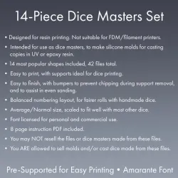 Dice Masters Set - 14 Shapes - Amarante Font - Supports Included