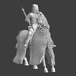 Medieval mounted knight, chainmail horse and warhammer