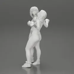 2 separated naked Girls Boxing in boxing gloves ready to finish off in the boxing ring about to be knocked out