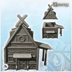 Medieval building with side awning and wooden motifs on roof (9) - Medieval Gothic Feudal Old Archaic Saga 28mm 15mm