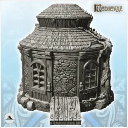 Round medieval house with double roof and tree barter (26) - Medieval Gothic Feudal Old Archaic Saga 28mm 15mm
