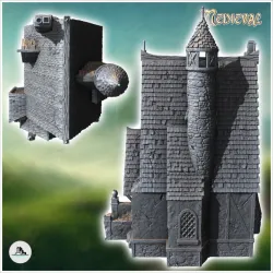 Large medieval mansion with access staircase and tiled roof (35) - Medieval Middle Earth Age 28mm 15mm RPG Shire