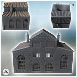 Large brick industrial warehouse with triple roofs, large wooden access doors, and a chimney (19) - Modern WW2 WW1 World War Diaroma Wargaming RPG Mini Hobby