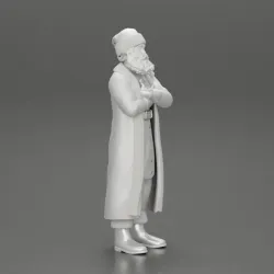 Santa Claus stands with his arms crossed
