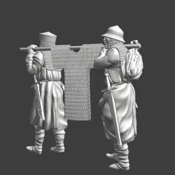 Medieval soldiers carrying chainmail for the lord