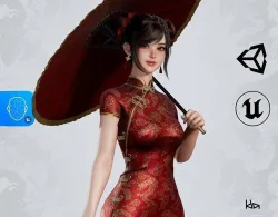 Jua Lee - Girl in Cheongsam Qipao Dress - Game Ready Low-poly 3D model