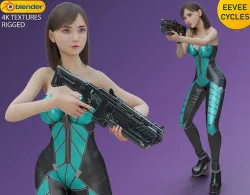 Young Asian Girl with Cyberpunk Sci fi Soldier Suit - Rigged - Low-poly 3D model
