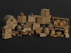 LowPoly PBR 35 Wooden Crate Barrel props Pack 3D Models Low-poly 3D model