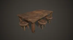 Wooden Tavern Table and Chairs Low-poly 3D model