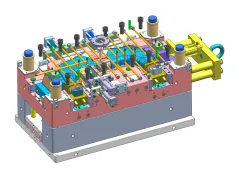 Injection mold - a pair of car interior panels, cylinder retracting slider structure