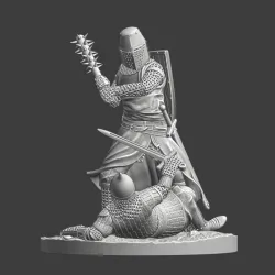 Medieval knight with spiked club fight downed russian warrior