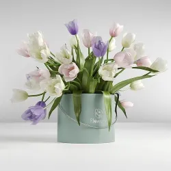 Bouquet of tulips in a cylinder white pink and violet colors 3D model