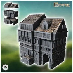 Large medieval building with railed access staircase and stone arch (4) - Medieval Gothic Feudal Old Archaic Saga 28mm 15mm RPG