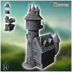 Medieval stone tower with adjoining house, balconies and fireplaces (16) - Medieval Gothic Feudal Old Archaic Saga 28mm 15mm RPG