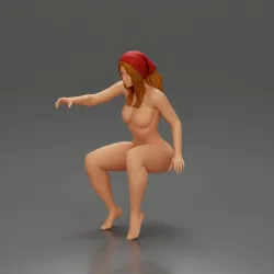 Naked girl sitting in scarf hair wants to grab something