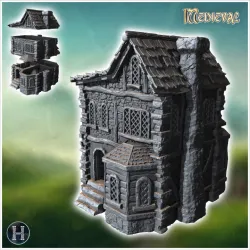 Medieval house with exterior fireplace, carved stone walls and bay window (2) - Medieval Gothic Feudal Old Archaic Saga 28mm 15mm RPG