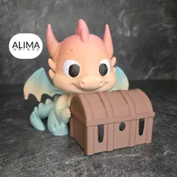 Baby dragon with a treasure chest
