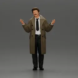 police detective in a coat standing with hands wide open