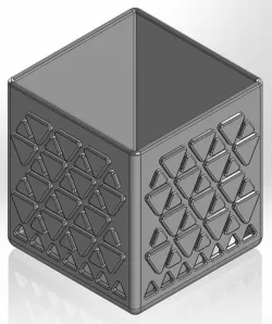 A square pencil cup with ridges and slits in the shape of a triangle