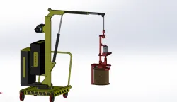 Mobile crane lifts and flips the electric coil 90 degrees