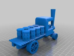 Steam wagon with wooden barrel load.