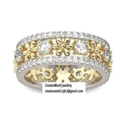 JCR 1003 Two Tone Flower Round Cut Sterling Gold Women Band