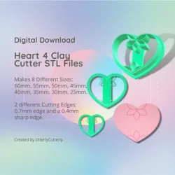 Heart Shape 4 Clay Cutter - Flower STL Digital File Download- 8 sizes and 2 Cutter Versions, Earrings, Brooch, Pendant, Hair barrette