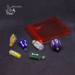Dice in the form of bottles and flasks.