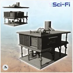 Post-apocalyptic house on stilts with product drums and chimney (7) - Future Sci-Fi SF Zombie plague Post apocalyptique Terrain Tabletop Scifi
