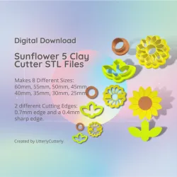 Sunflower 5 Clay Cutter - Summer STL Digital File Download- 8 sizes and 2 Cutter Versions